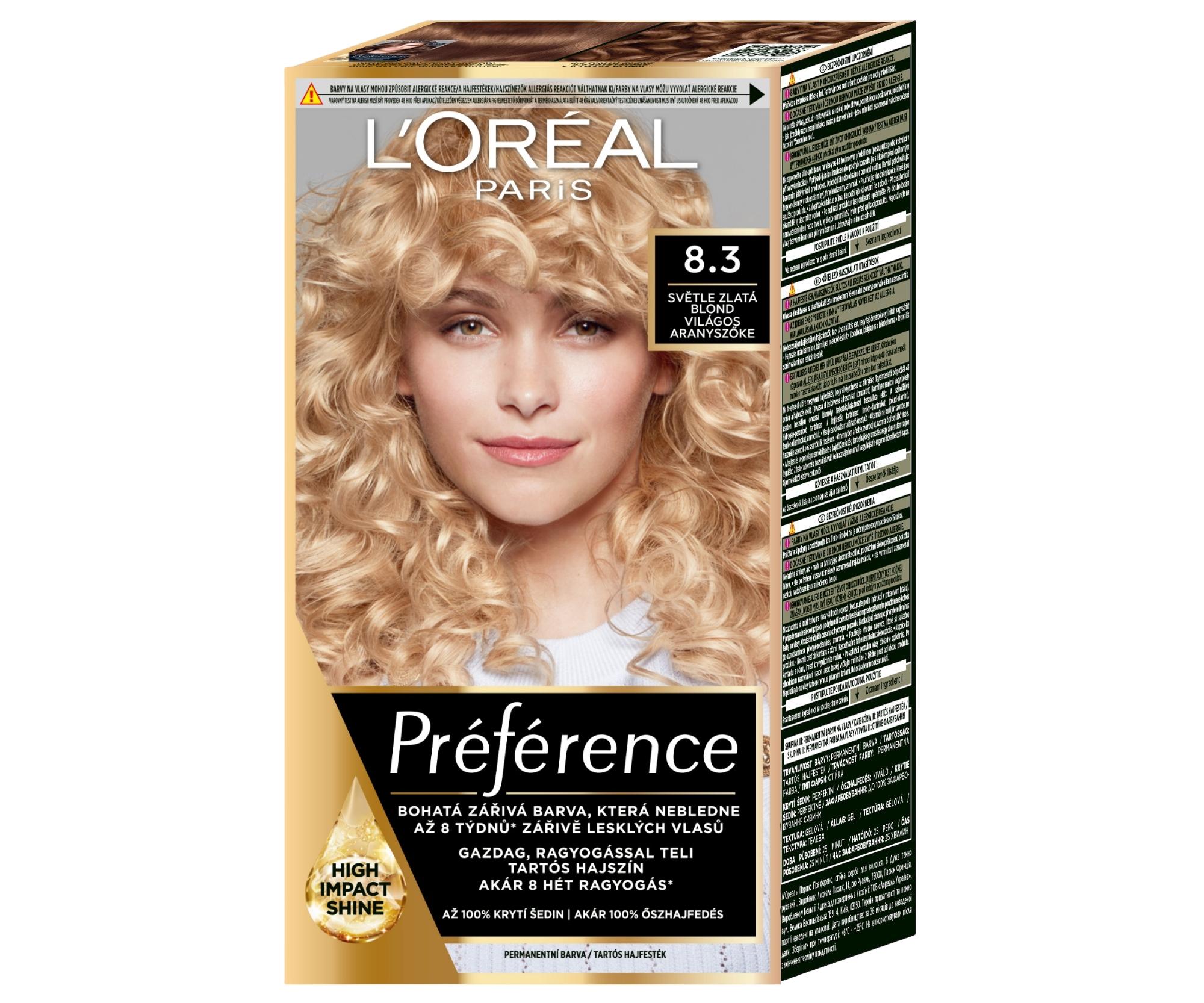Permanentní barva Loréal Préférence 8.3 světle zlatá blond - L’Oréal Paris + dárek zdarma