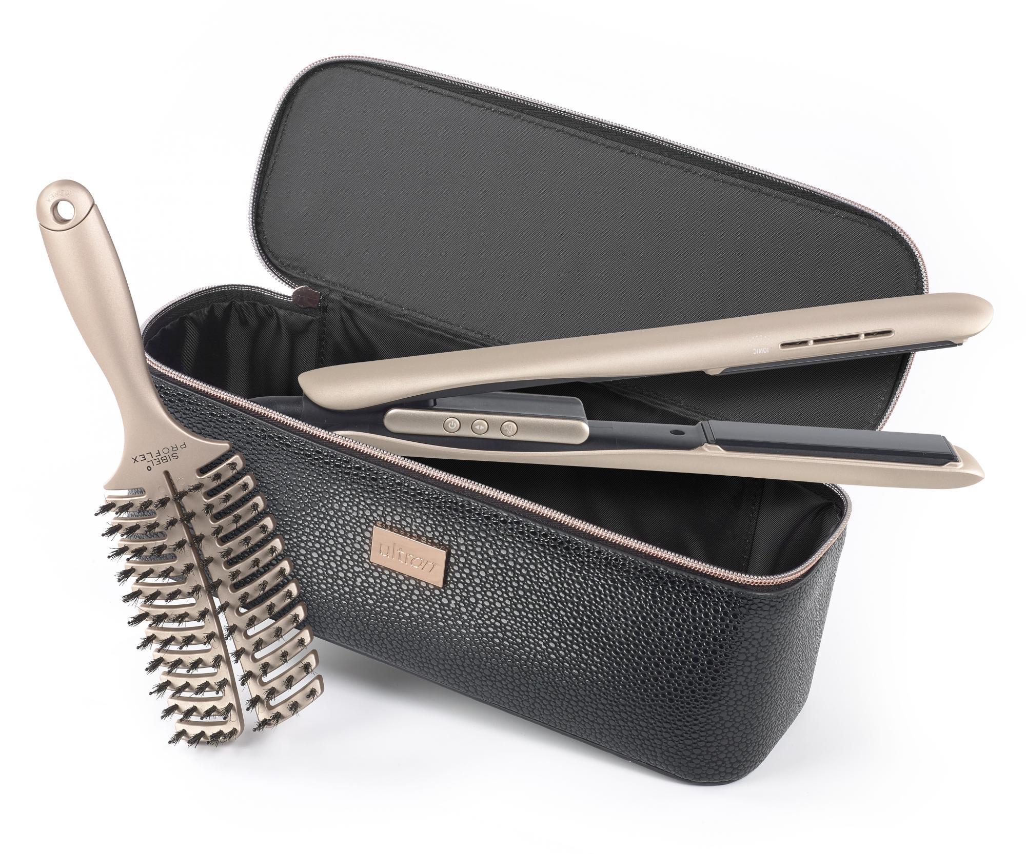 Luxusní set profesionální žehličky na vlasy Ultron Enyi 1" s kartáčem Sibel Proflex a pouzdrem Ultron Luxury Gift Set - zlatý + dárek zdarma