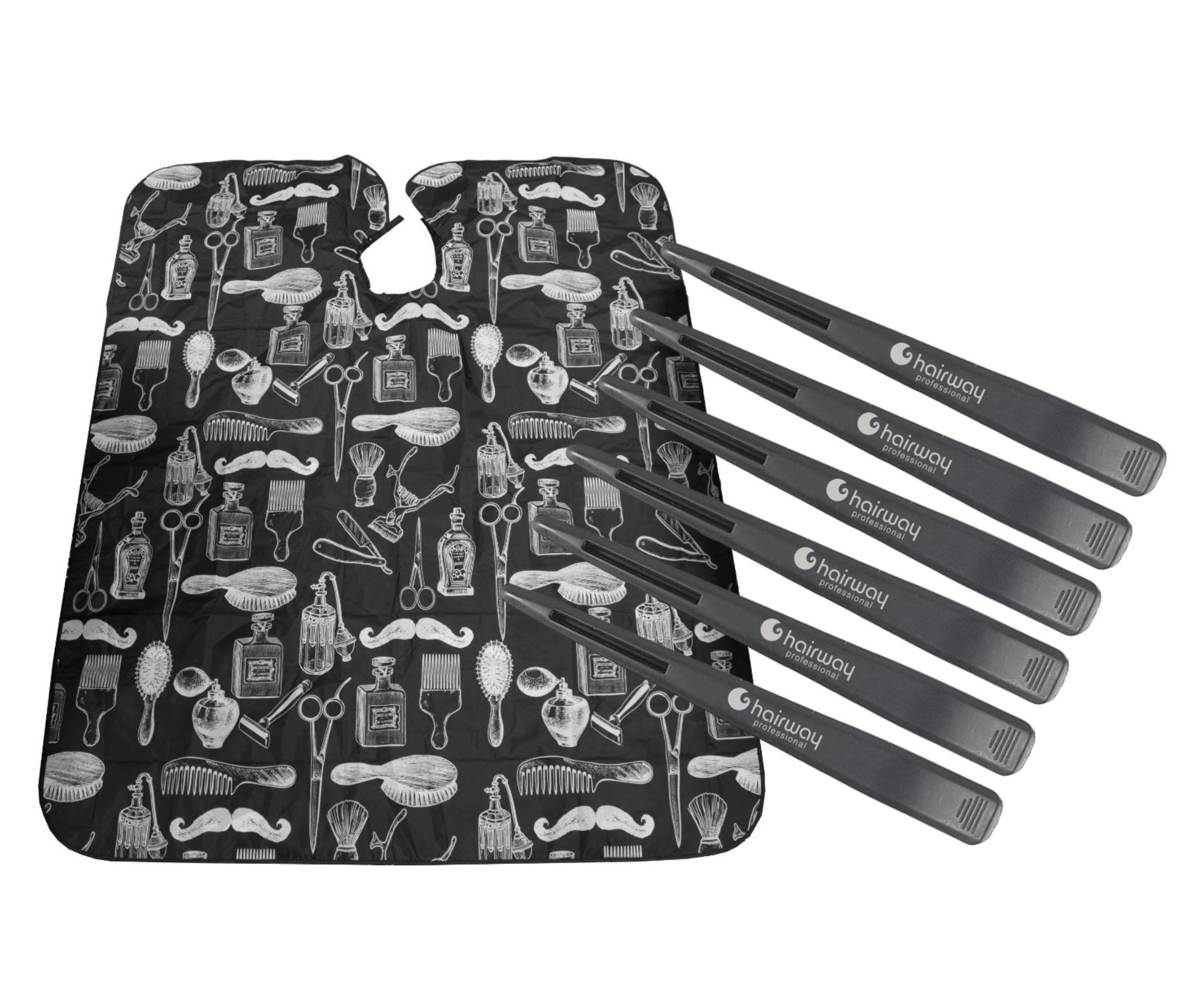 Kadeřnická pláštěnka na stříhání Hairway 37001 - černá + karbonové klipsy do vlasů Hairway - 12 cm, černé - 6 ks zdarma + dárek zdarma
