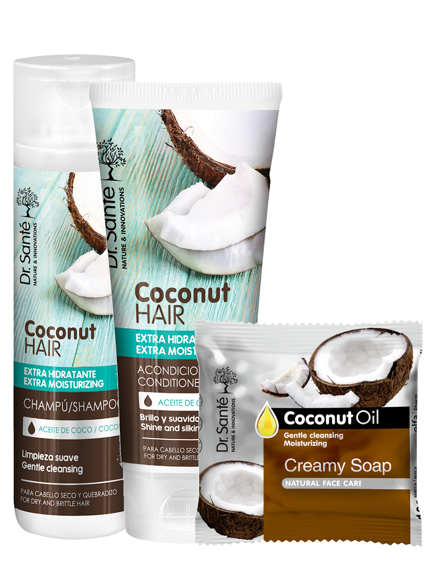 Hydratační sada Dr. Santé Coconut - šampon 250 ml + péče 200 ml + kokosové mýdlo zdarma + dárek zdarma