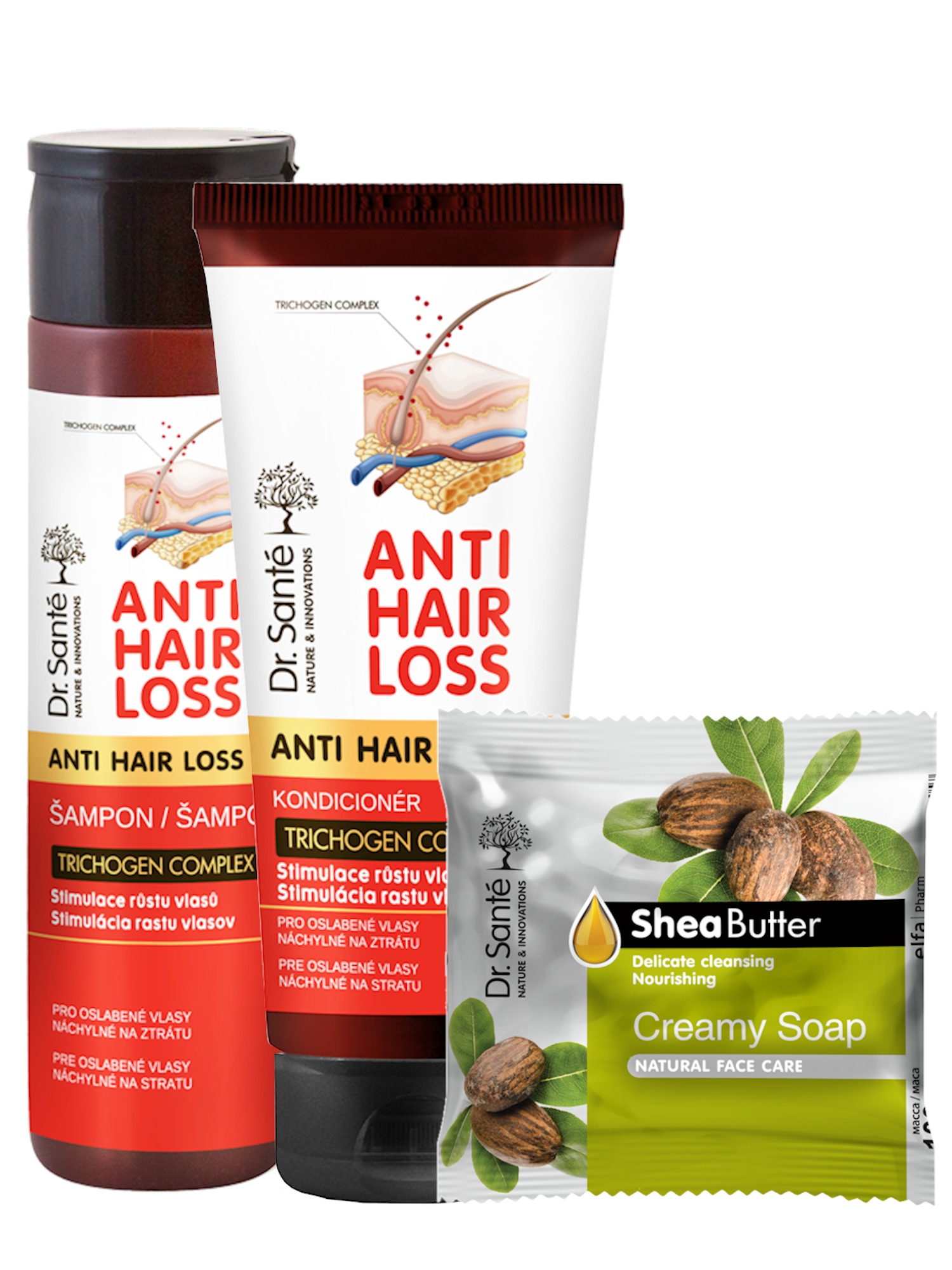 Sada pro podporu růstu vlasů Dr. Santé Anti Hair Loss - šampon 250 ml + péče 200 ml + mýdlo zdarma + dárek zdarma