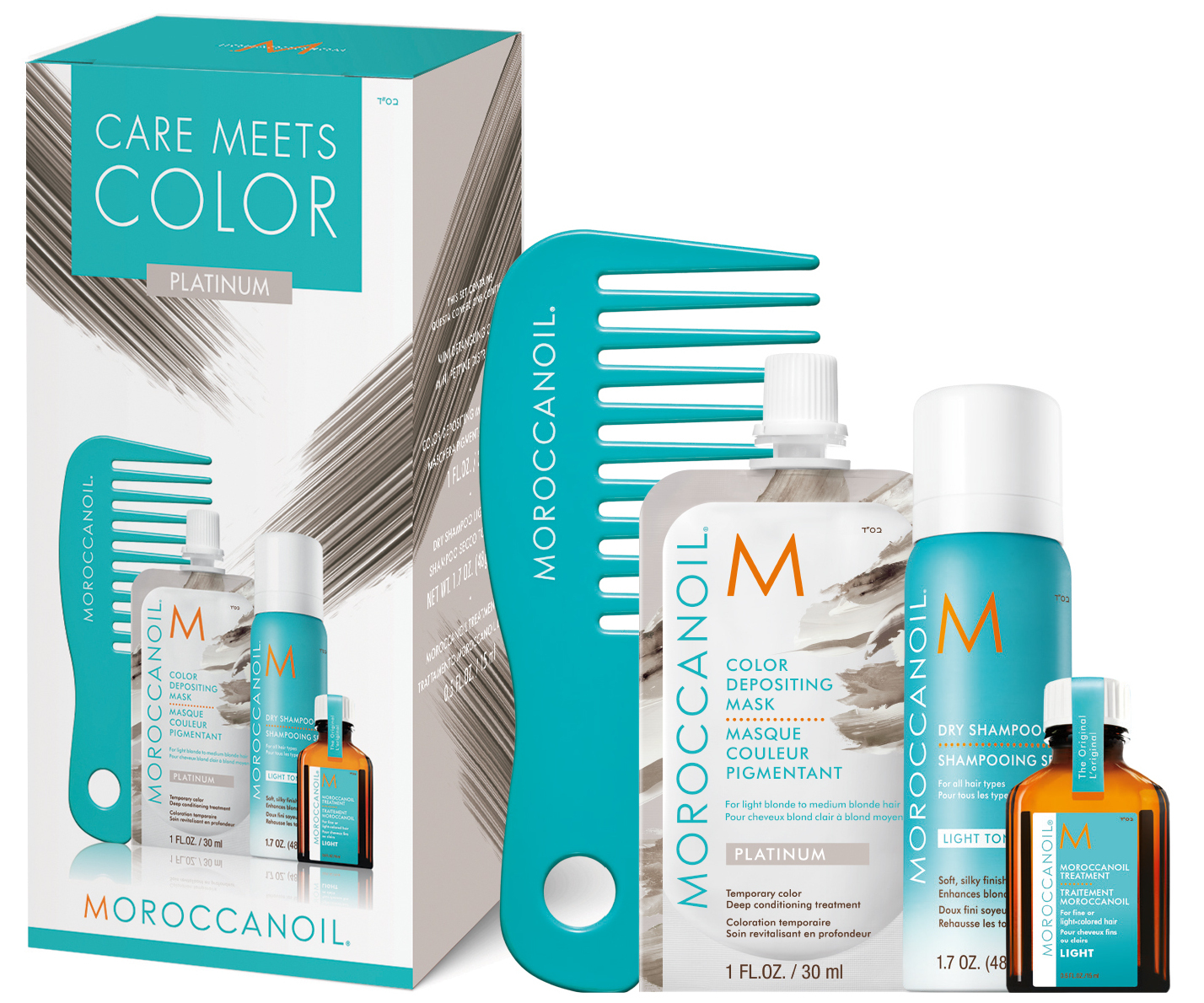 Sada pro oživení vlasů Moroccanoil Care Meets Color Platinum - hřeben, maska, suchý šampon, olej (CDMKIT21PL) + DÁREK ZDARMA