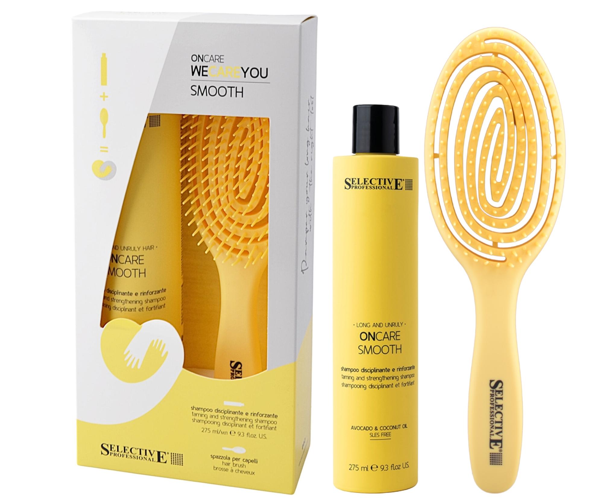 Dárková sada pro nepoddajné vlasy Selective Professional OnCare Smooth WeCareYou Kit - šampon + kartáč zdarma + dárek zdarma