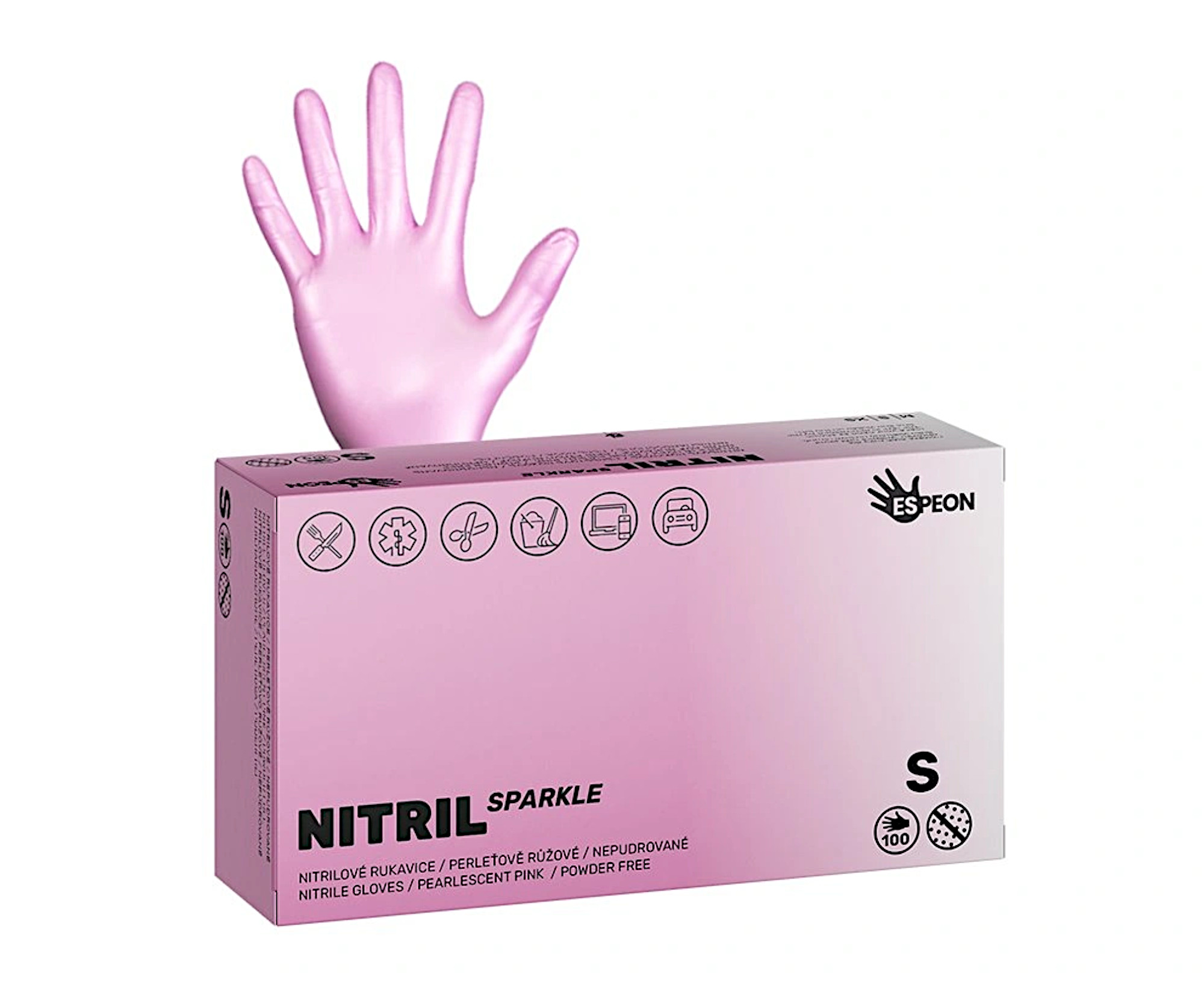 Nitrilové rukavice Espeon Nitril Sparkle - 100 ks, perleťové růžové, velikost S (100143) + dárek zdarma