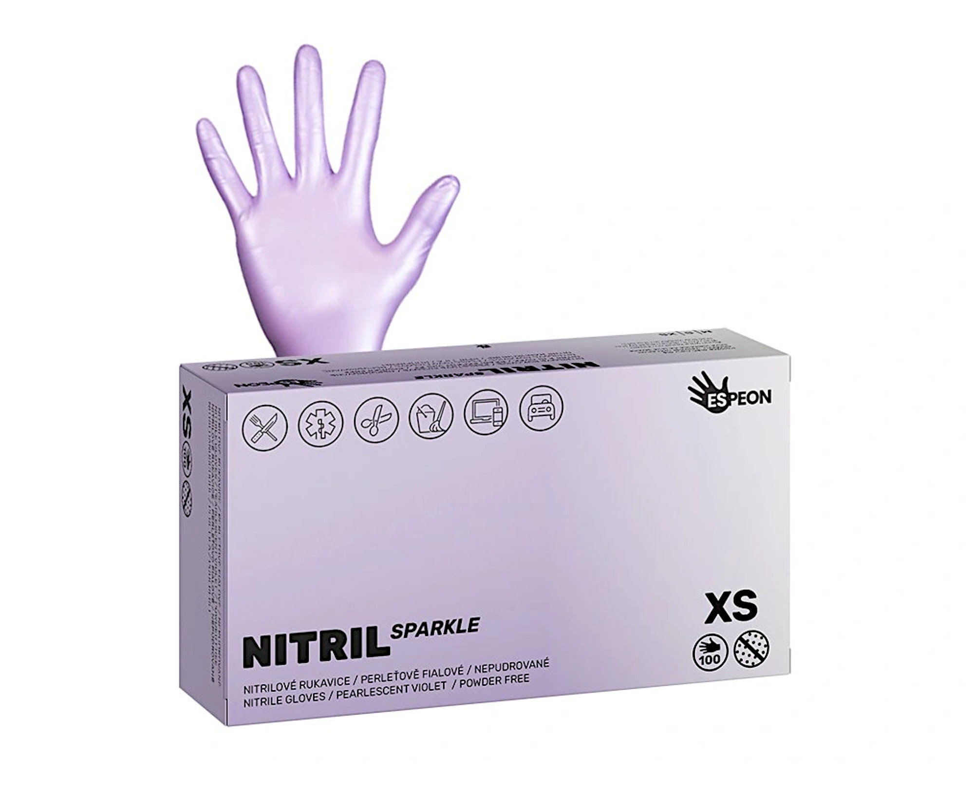 Nitrilové rukavice Espeon Nitril Sparkle - 100 ks, perleťové fialové, velikost XS (100145) + dárek zdarma
