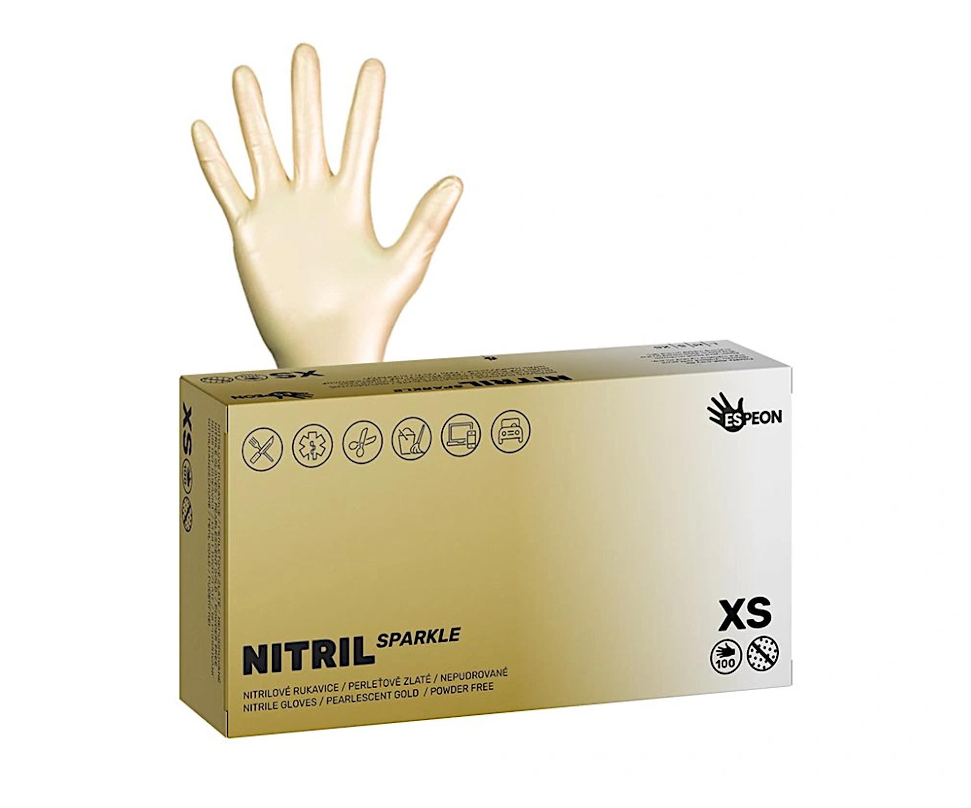 Nitrilové rukavice Espeon Nitril Sparkle - 100 ks, perleťové zlaté, velikost XS (100148) + dárek zdarma