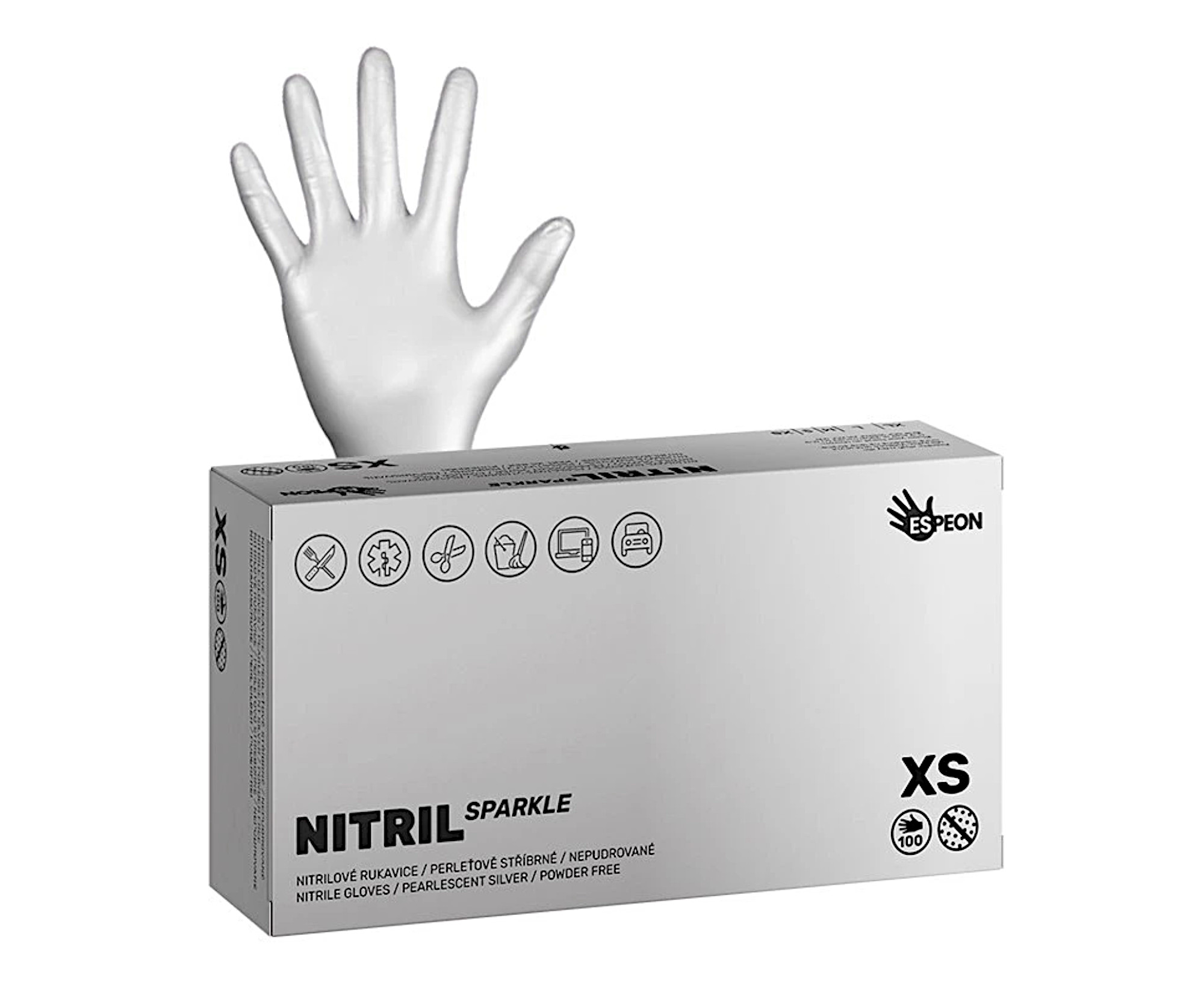 Nitrilové rukavice Espeon Nitril Sparkle - 100 ks, perleťové stříbrné, velikost XS (100172) + dárek zdarma
