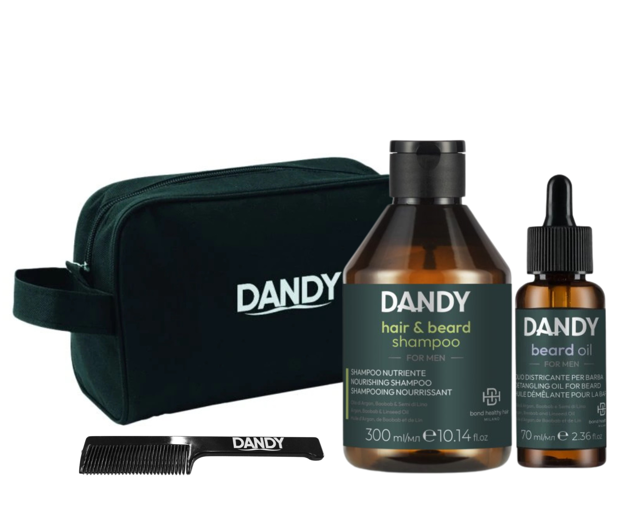 Pánská cestovní sada pro péči o vlasy a vousy s kosmetickou taštičkou a hřebínkem na vousy Dandy + dárek zdarma