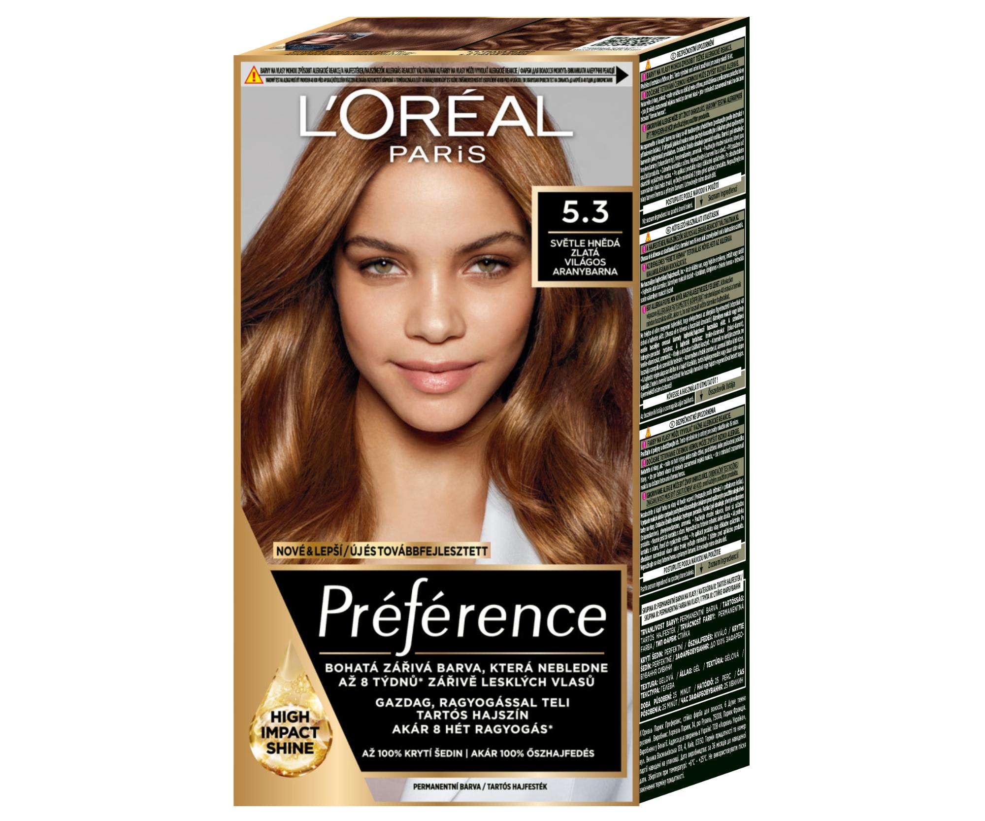 Permanentní barva Loréal Préférence 5.3 světle hnědá zlatá - L’Oréal Paris + dárek zdarma