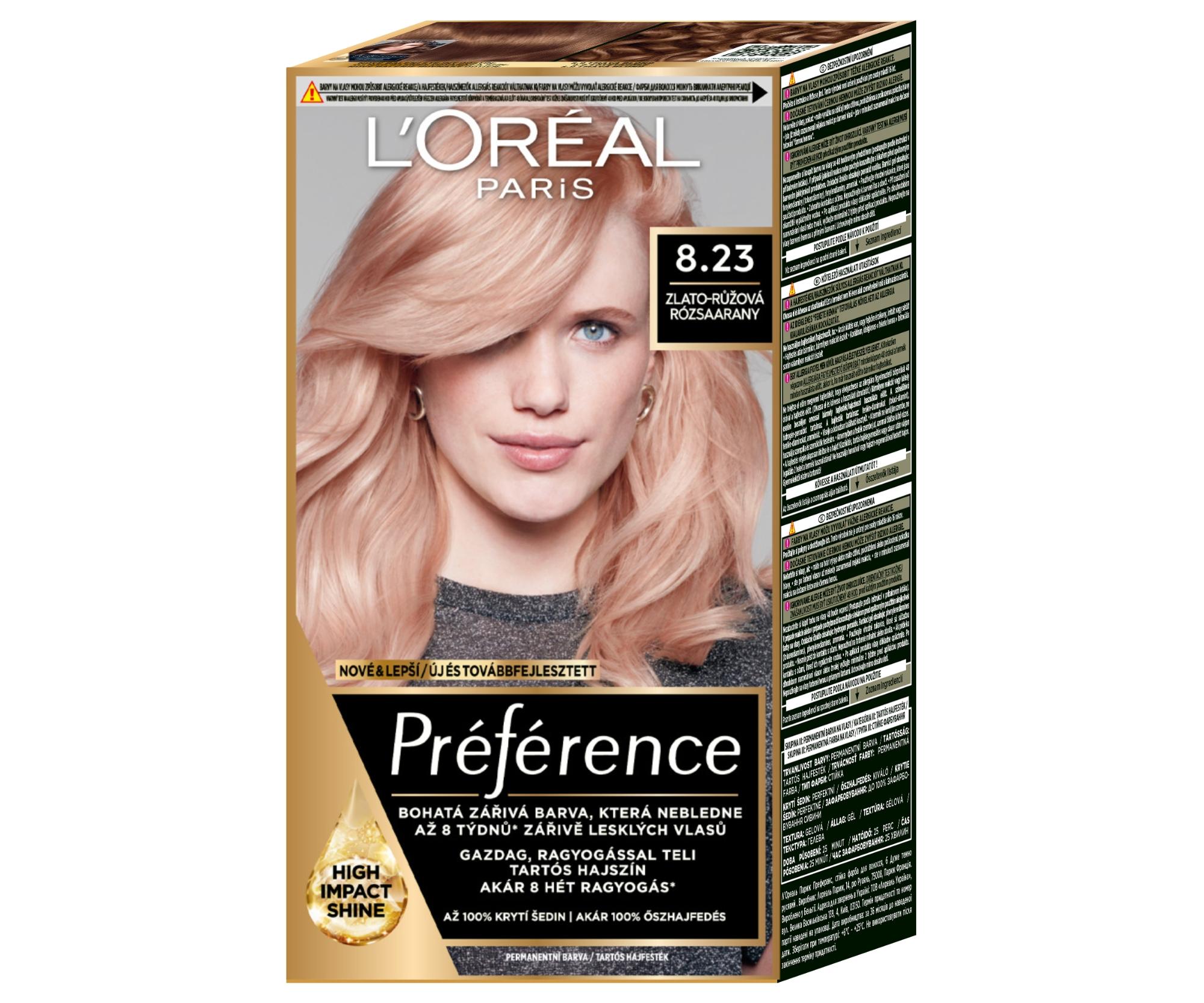 Permanentní barva Loréal Préférence 8.23 zlato-růžová - L’Oréal Paris + dárek zdarma