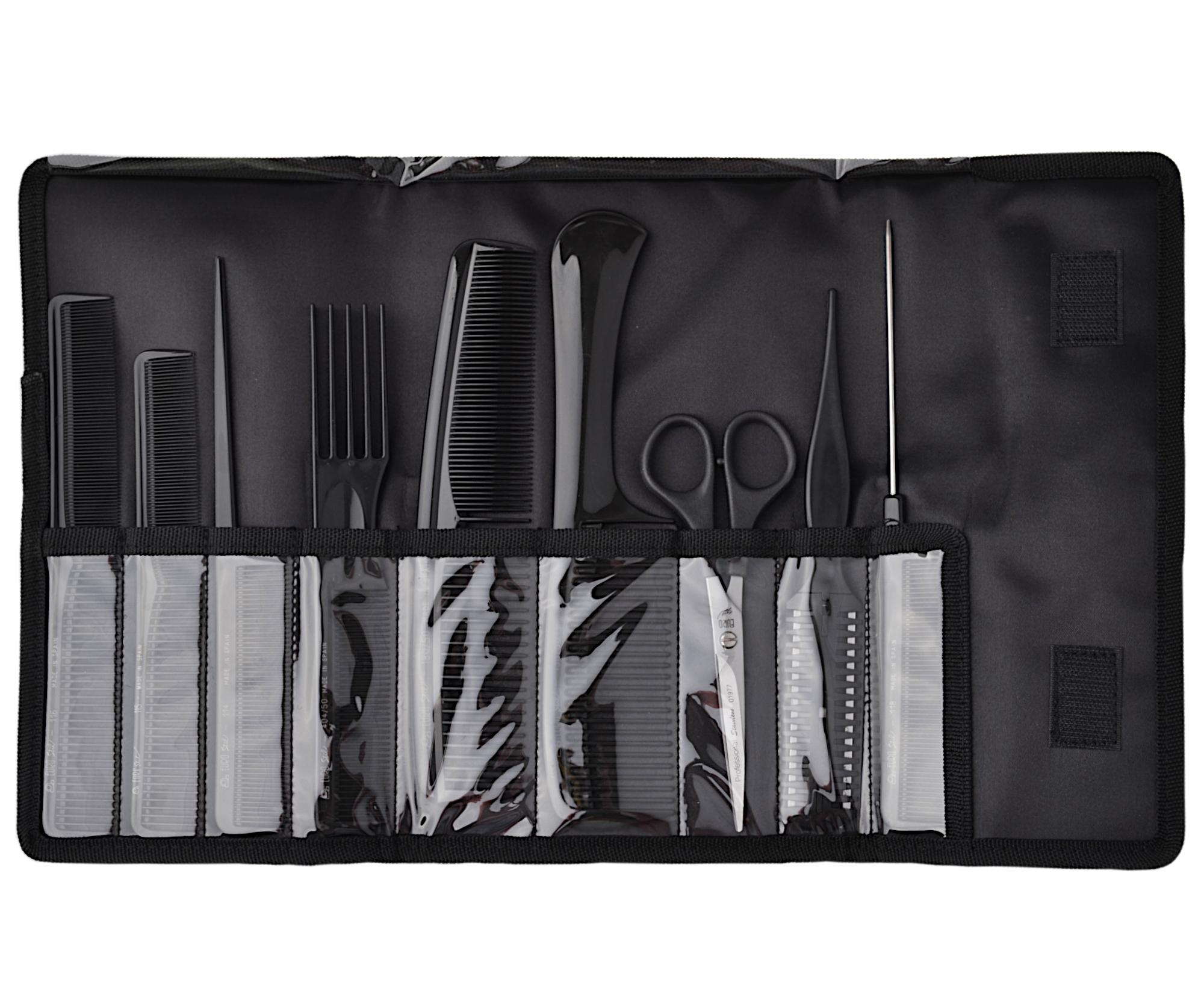 Kompletní sada profesionálních hřebenů s nůžkami a břitvou Eurostil Professional - černá (04347) + dárek zdarma