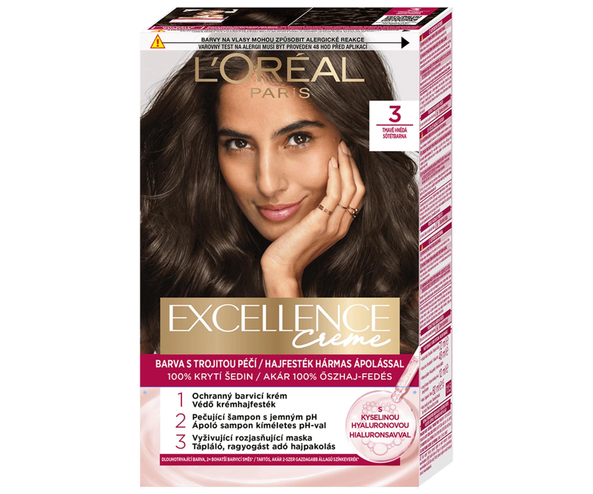 Permanentní barva Loréal Excellence Creme - 3 tmavě hnědá - L’Oréal Paris + dárek zdarma