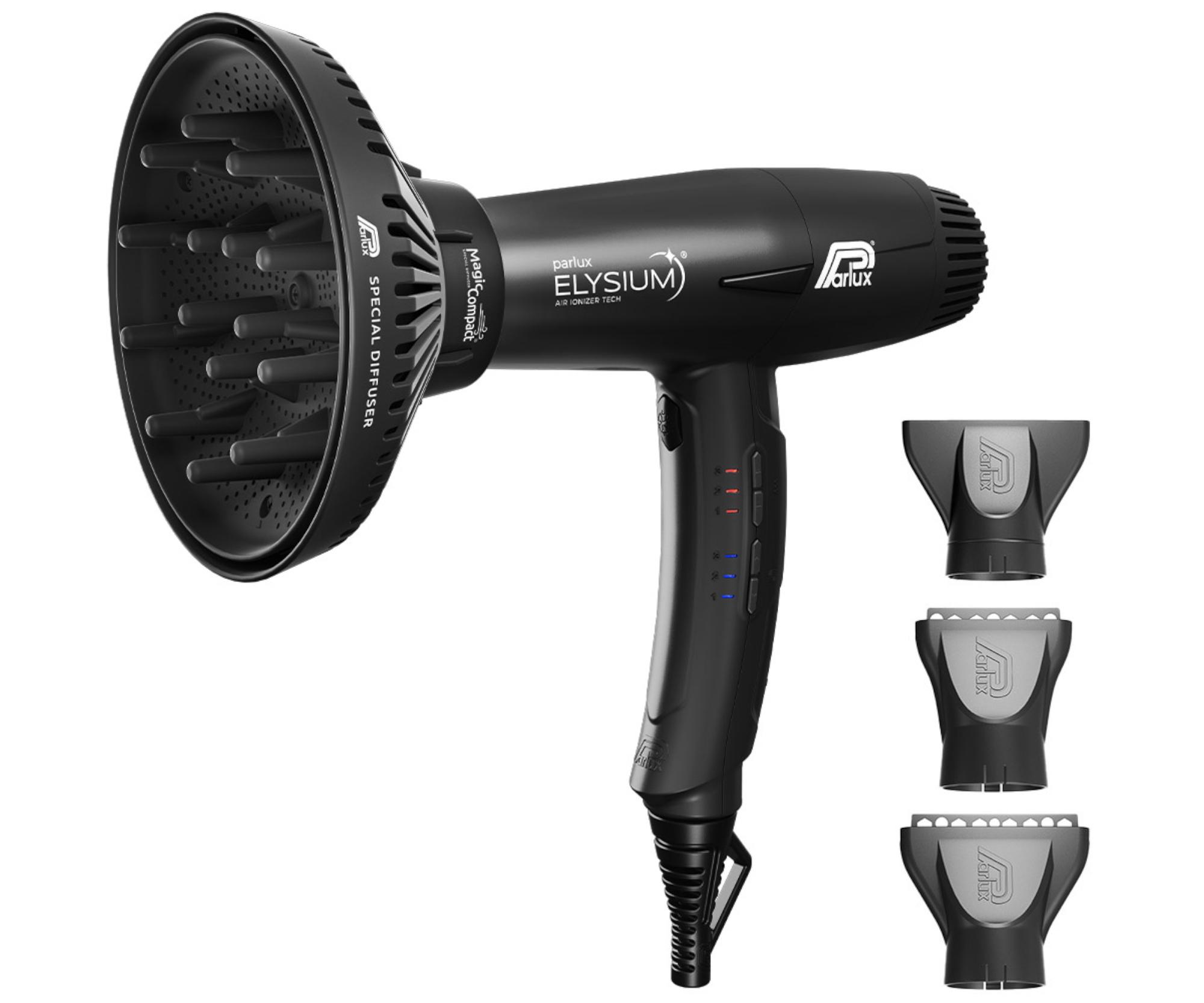 Profesionální fén na vlasy s difuzérem Parlux Elysium Black - 2300 W, lesklý černý + dárek zdarma