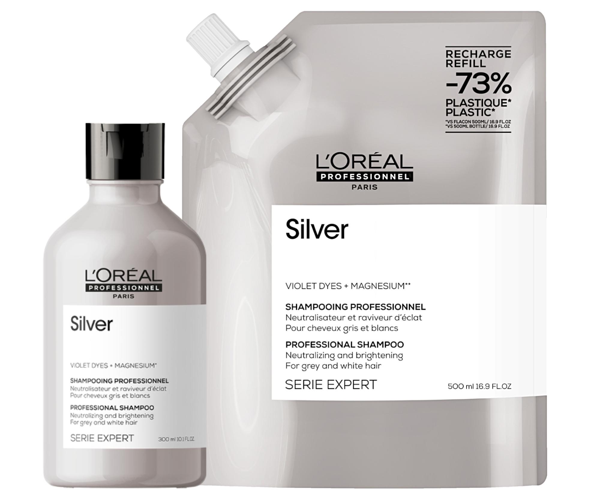 Neutralizační šampon na šedivé a bílé vlasy Loréal Professionnel Serie Expert Silver - 300 ml + náhradní náplň - 500 ml - L’Oréal Professionnel + dárek zdarma