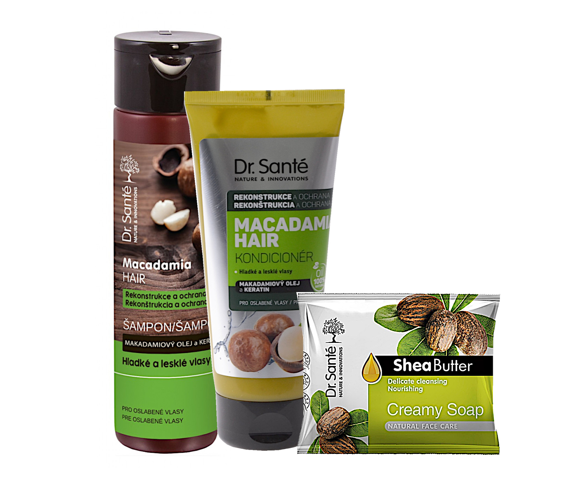 Sada pro poškozené vlasy Dr. Santé Macadamia - šampon 250 ml + péče 200 ml + mýdlo zdarma + dárek zdarma