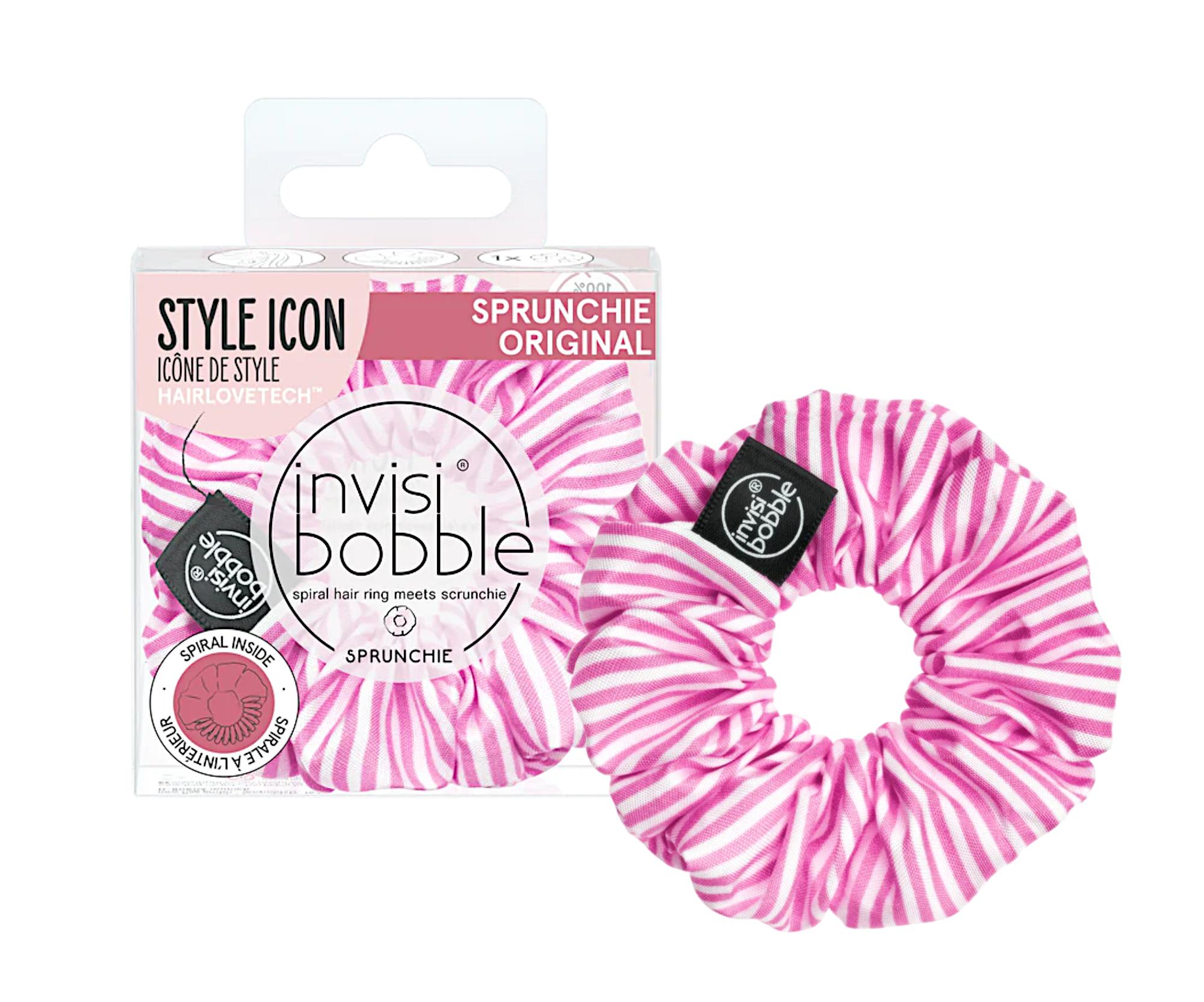 Ozdobná spirálová gumička Invisibobble Sprunchie Stripes Up - růžovo-bílá (IB-SP-PA-1-1010)