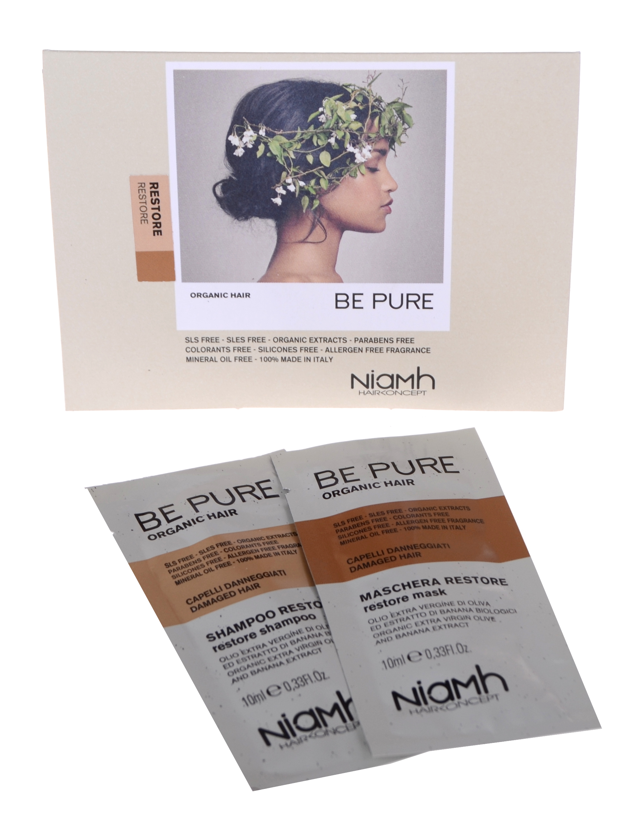 Šampon a maska pro poškozené vlasy Niamh Be Pure Restore - 2 x 10 ml (OPUB149)