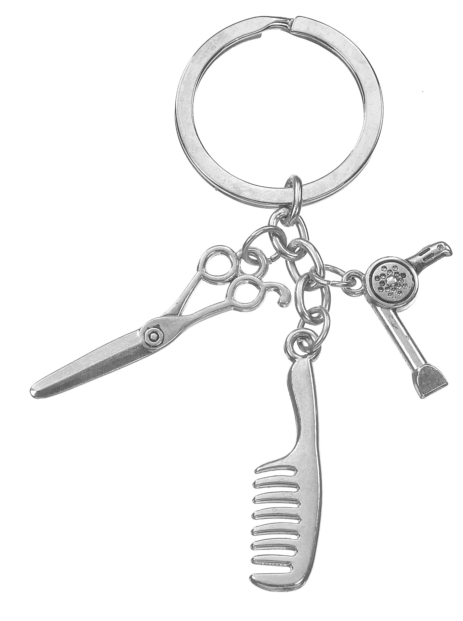 Kadeřnická klíčenka Sibel - nůžky, hřeben, fén - stříbrná (0145124)