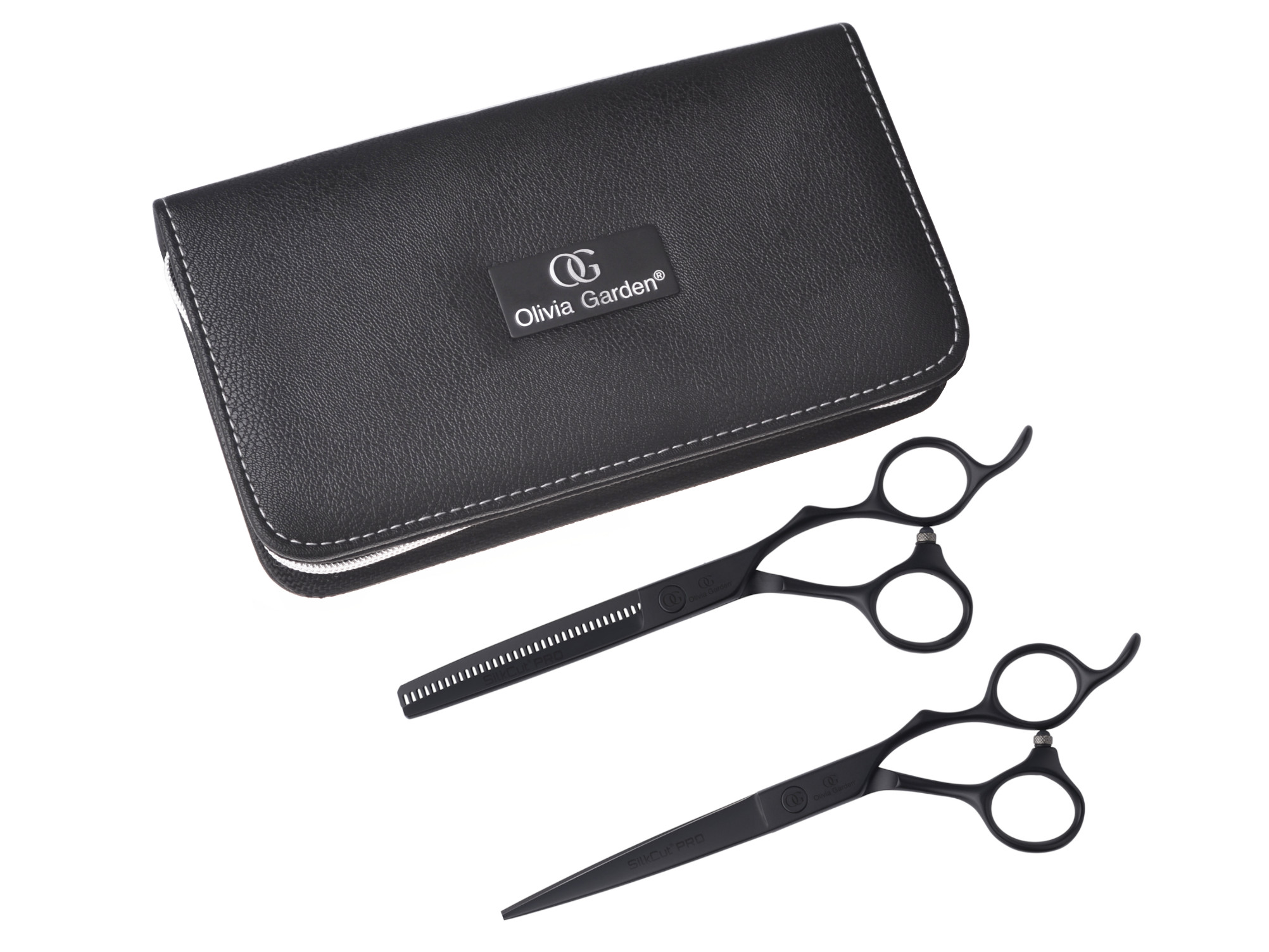 Sada kadeřnických nůžek 6,5" a efilačních nůžek 6,35" SilkCut Pro Matt Black Olivia Garden (PRO6.50/6.35) + dárek zdarma