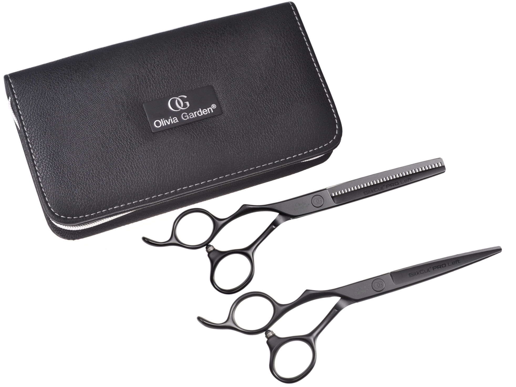 Sada kadeřnických 5,75" a efilačních 6,35" nůžek pro leváky SilkCut Pro Matt Black Olivia Garden (PRO5.75/6.35L) + dárek zdarma