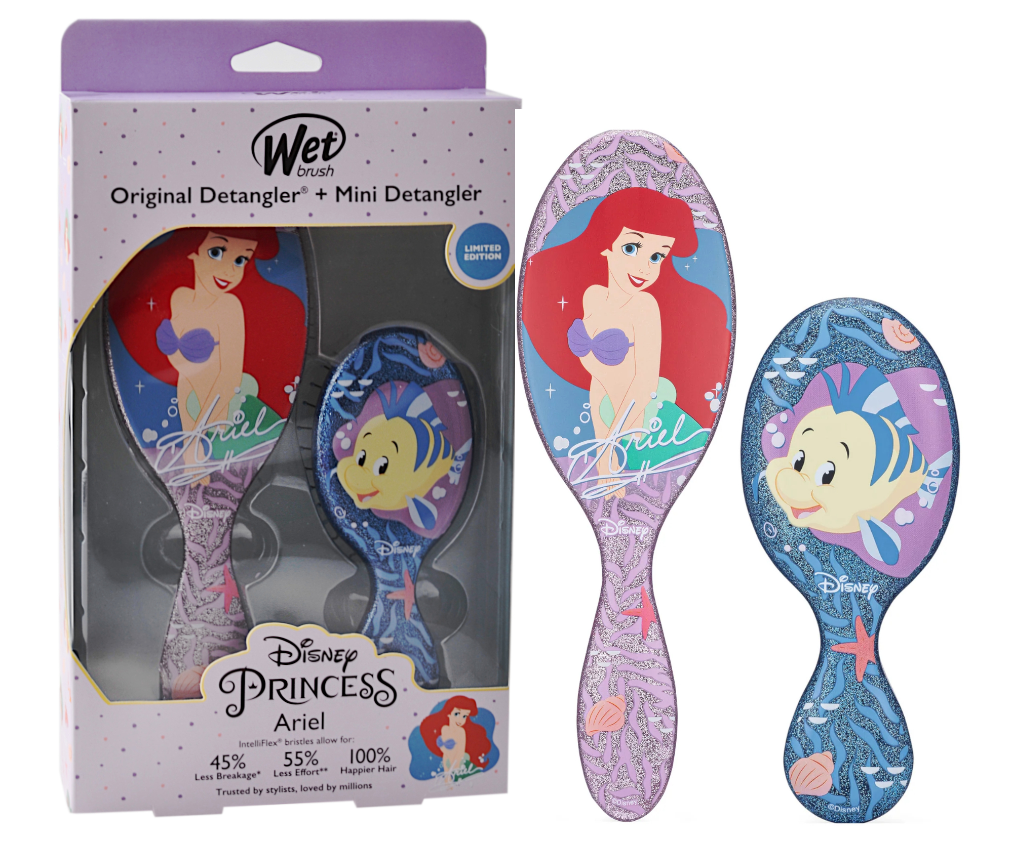 Dárková sada kartáčů na vlasy Wet Brush Original Detangler a Mini Detangler Disney Princess Ariel + dárek zdarma