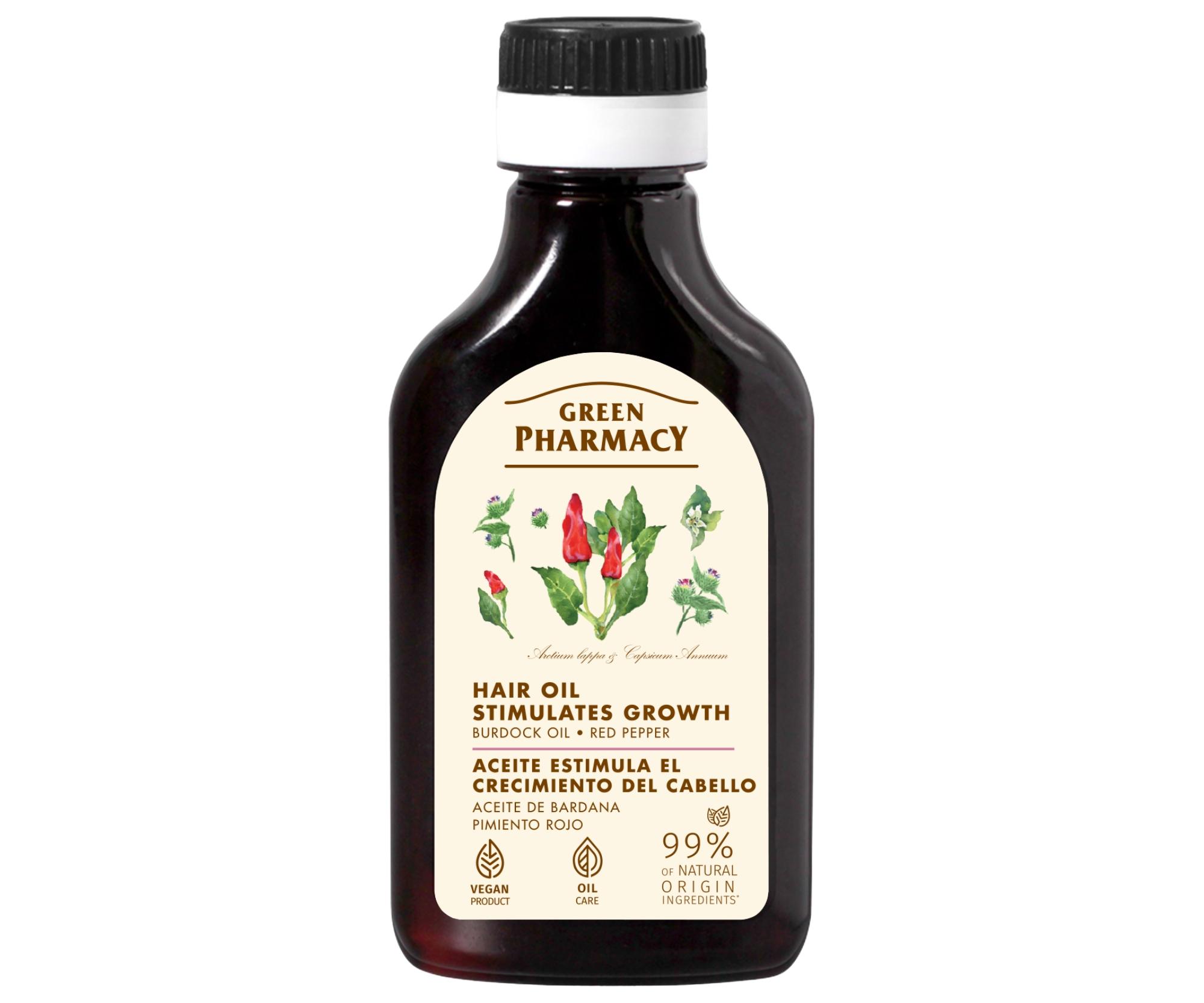 Olej pro podporu růstu vlasů s lopuchovým olejem a červenou papričkou Green Pharmacy Stimulates Hair Growth Oil - 100 ml