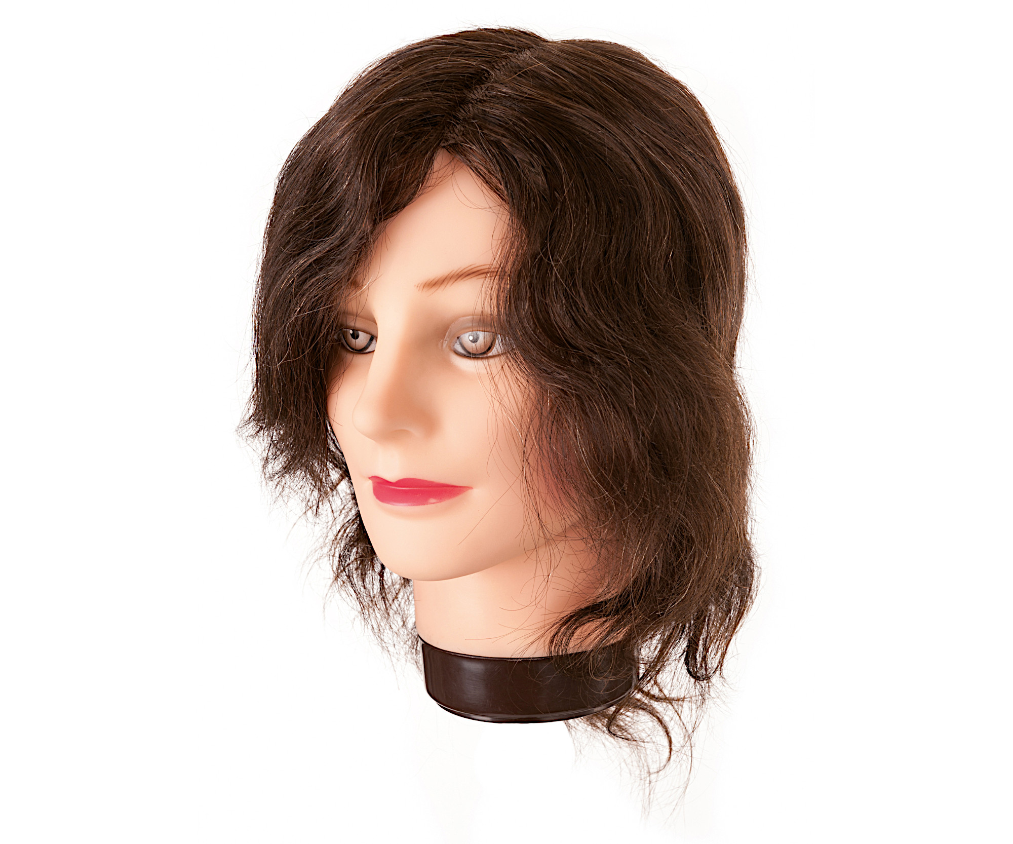 Cvičná hlava s přírodními vlasy Eurostil Profesional - kaštanově hnědá, 20-30 cm (01455) + dárek zdarma