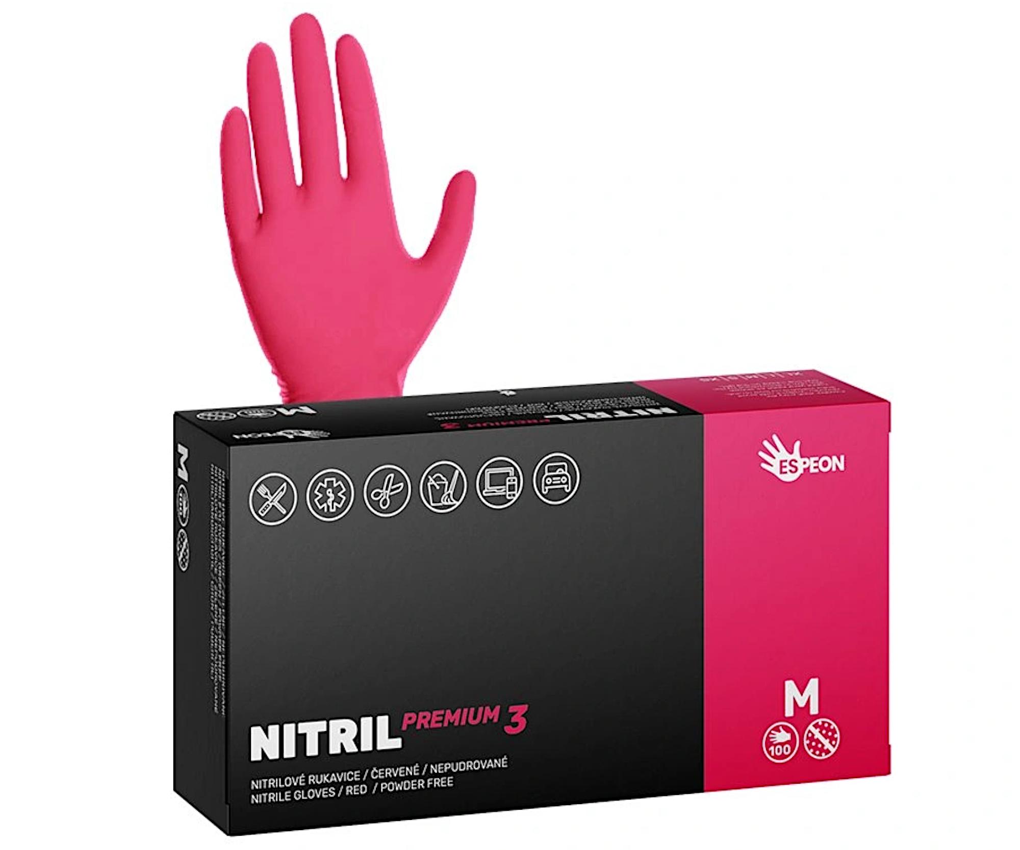 Silné nitrilové rukavice Espeon Nitril Premium 3 - 100 ks, červené, velikost M (100159) + dárek zdarma