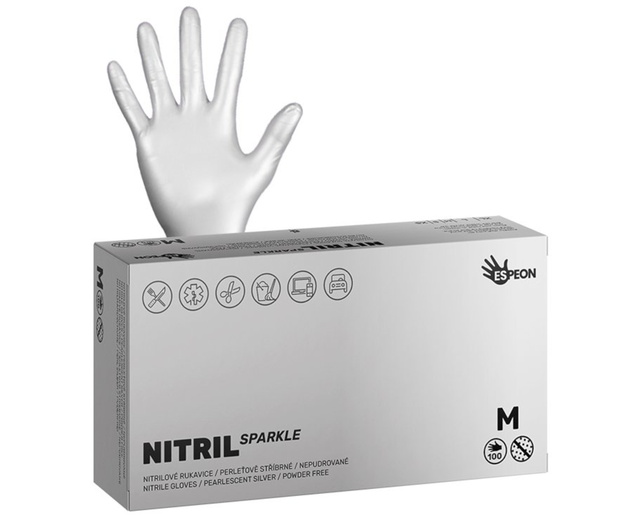 Nitrilové rukavice Espeon Nitril Sparkle - 100 ks, perleťové stříbrné, velikost M (100174) + dárek zdarma