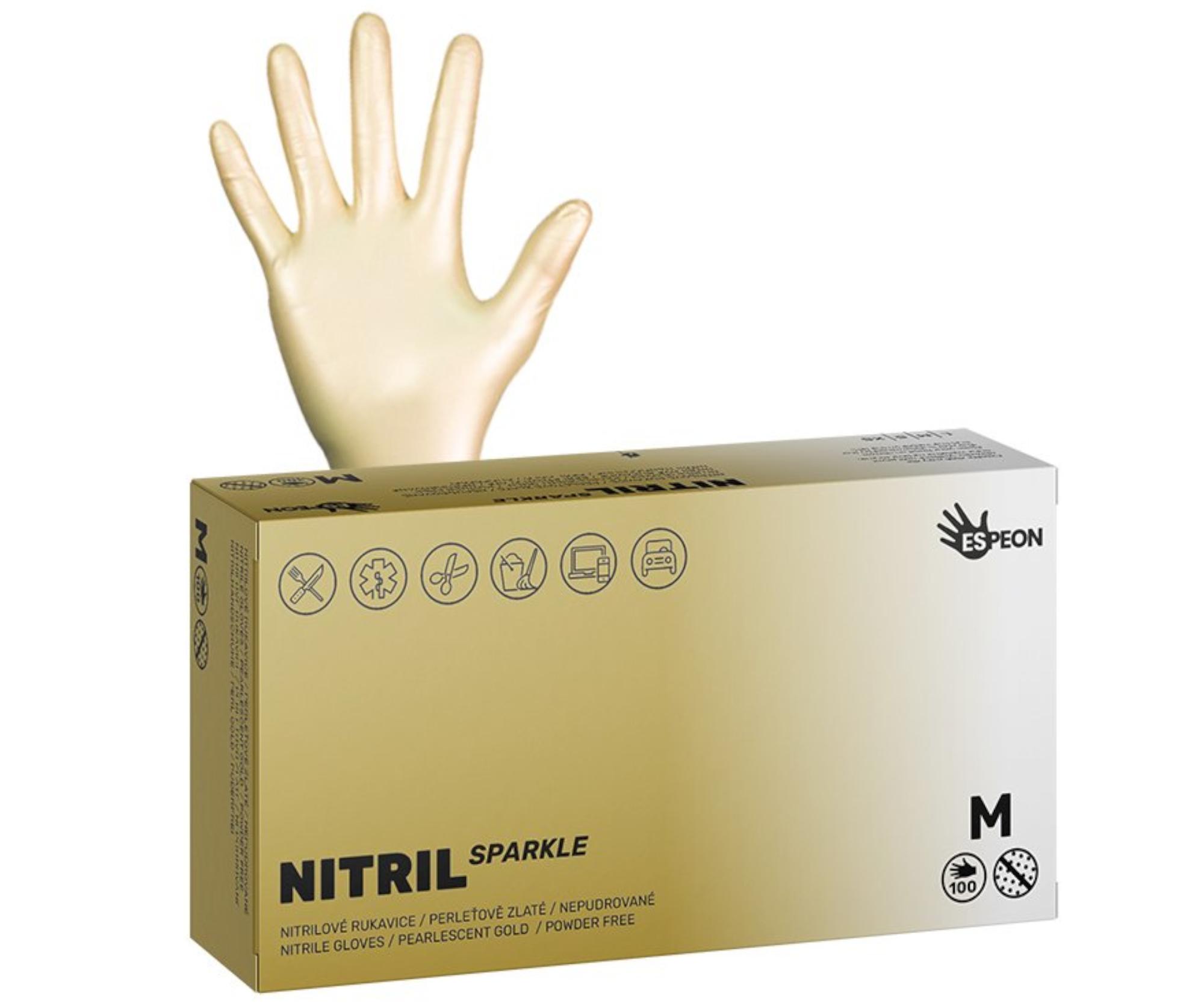 Nitrilové rukavice Espeon Nitril Sparkle - 100 ks, perleťové zlaté, velikost M (100150) + dárek zdarma