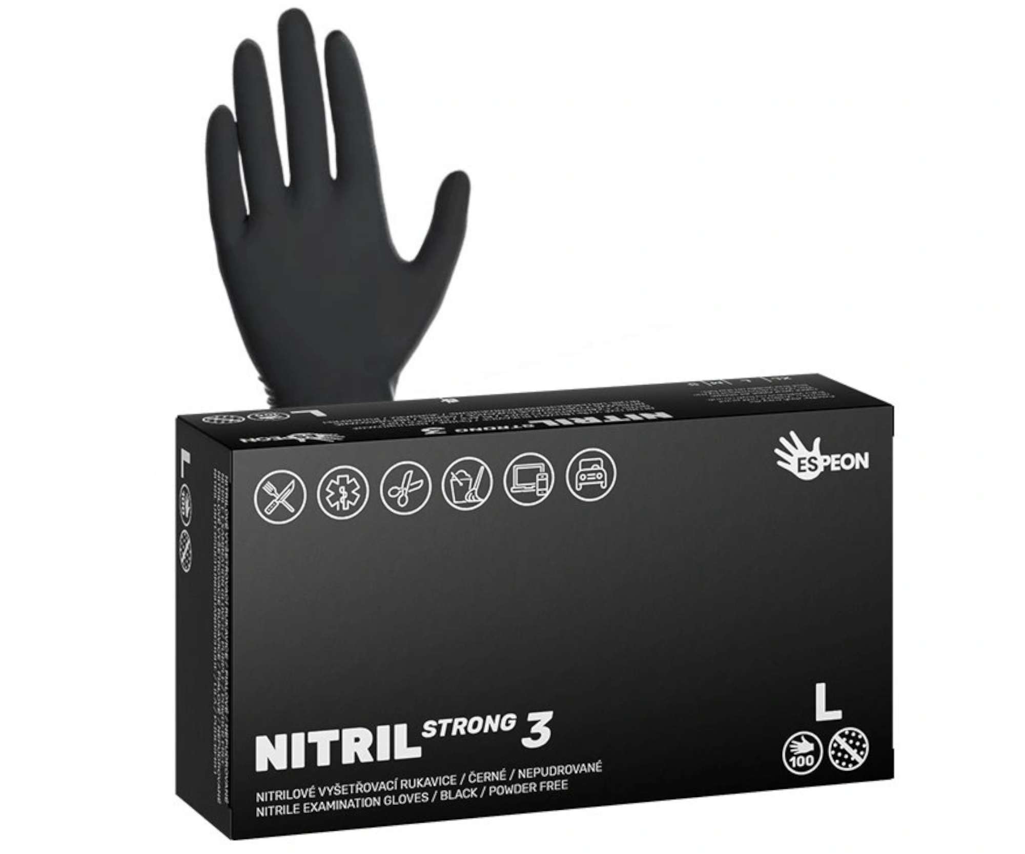 Silné nitrilové rukavice se zdrsněným povrchem Espeon Nitril Strong 3 - 100 ks, černé, velikost L (100105) + dárek zdarma