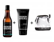 Pánská sada Redken Brews - osvěžující šampon + extra silný gel na vlasy + taštička zdarma