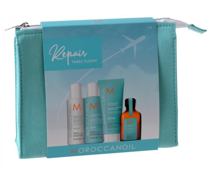 Cestovní balíček pro regeneraci vlasů Moroccanoil Repair Takes Flight + zdarma semišová tastička