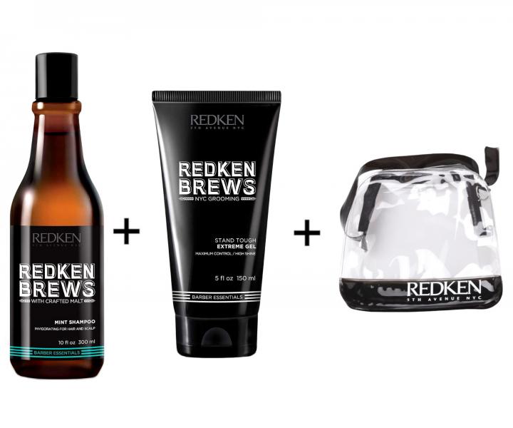 Pánská sada Redken Brews - osvěžující šampon + extra silný gel na vlasy + taštička zdarma