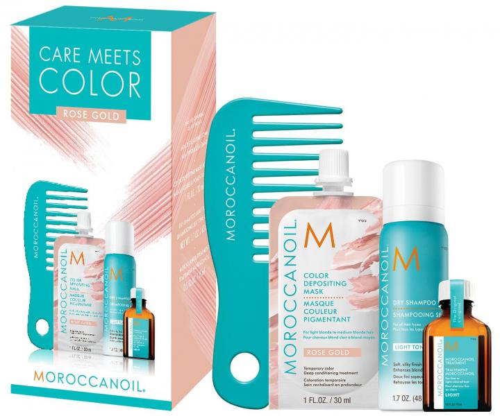 Sada pro oživení vlasů Moroccanoil Care Meets Color Rose Gold - hřeben, maska, suchý šampon, olej