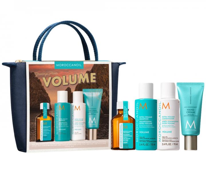 Cestovn� sada pro objem jemn�ch vlas� Moroccanoil Greetings From Volume + kr�m na ruce a ta�ti�ka zdarma