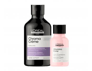 Šampon pro neutralizaci teplých tónů Loréal Professionnel Serie Expert Chroma Cr&#232;me - fialový šampon pro neutralizaci žlutých tónů - 300 ml + šampon pro barvené vlasy 100 ml zdarma