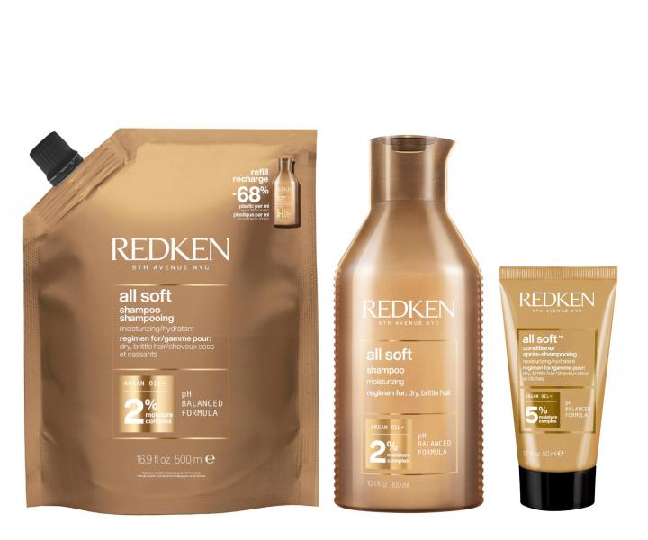 Vyivujc ampon pro such a kehk vlasy Redken All Soft - 300 ml + nhradn npl 500 ml + kondicionr 50 ml zdarma