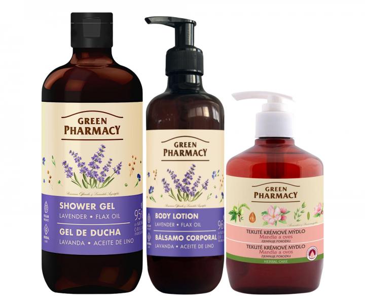 Sada t�lov� p��e s levandul� a ln�n�m olejem Green Pharmacy Lavender + tekut� m�dlo zdarma