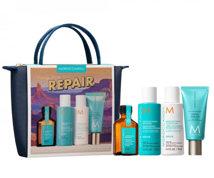 Cestovn� sada pro regeneraci such�ch vlas� Moroccanoil Greetings From Repair + kr�m na ruce a ta�ti�ka zdarma