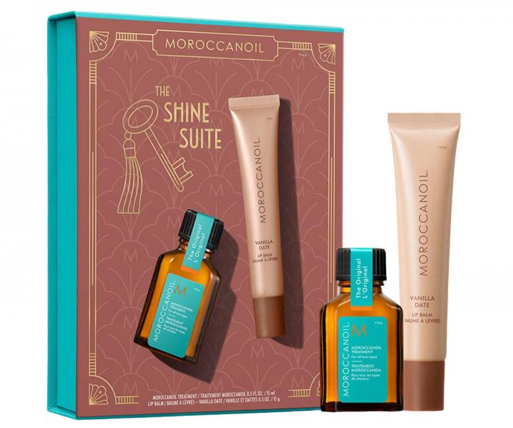 D�rkov� sada olejov� p��e a balz�mu na rty Moroccanoil The Shine Suite Vanilla Date Tinted Lip Balm Gift Set