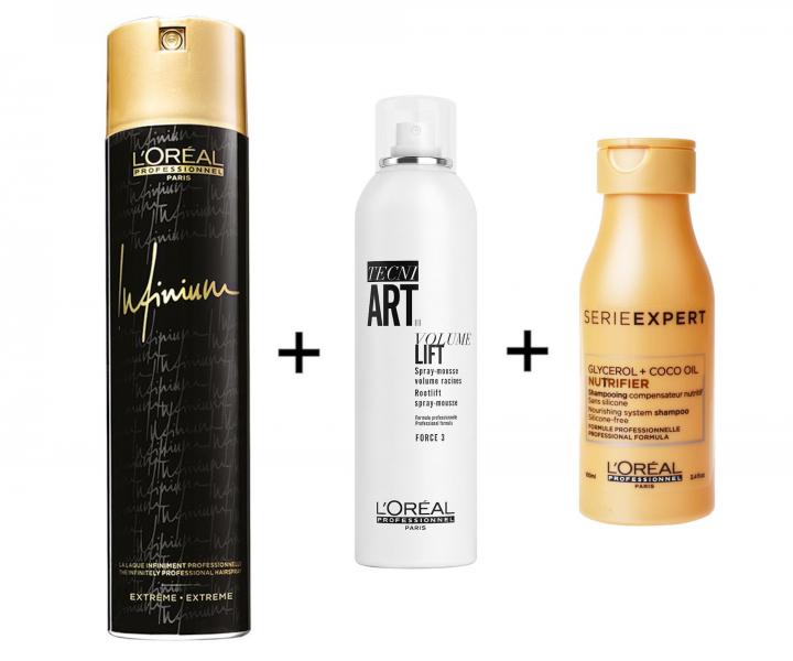 Stylingov� sada Lor�al - lak na vlasy + p�na pro objem + �ampon zdarma