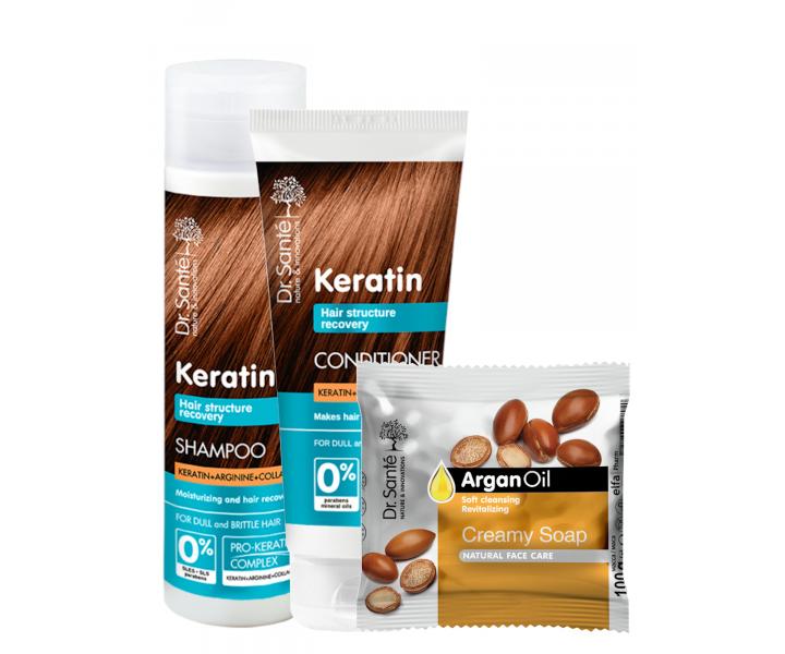 Sada pro obnovu kehkch vlas Dr. Sant Keratin - ampon 250 ml + pe 200 ml + mdlo zdarma