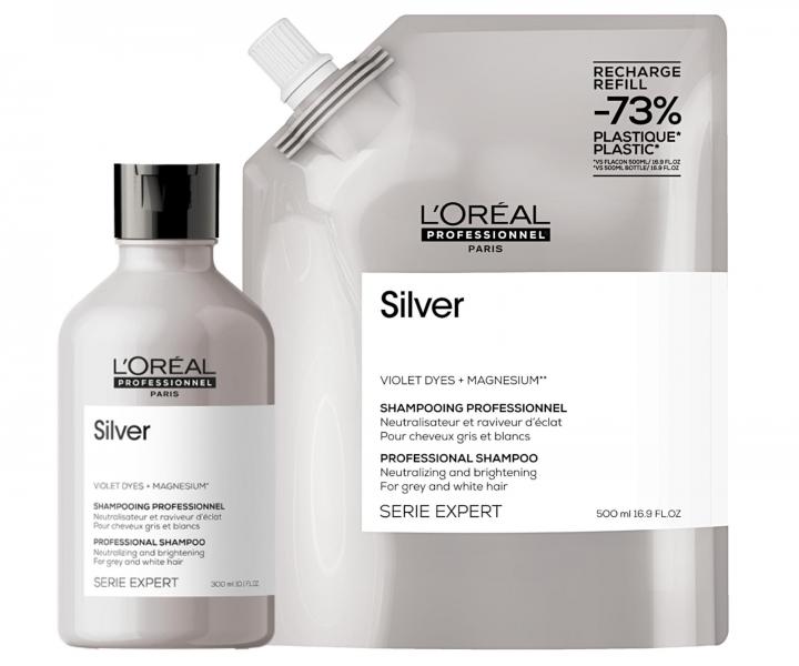 Neutraliza�n� �ampon na �ediv� a b�l� vlasy Lor�al Professionnel Serie Expert Silver - 300 ml + n�hradn� n�pl� - 500 ml