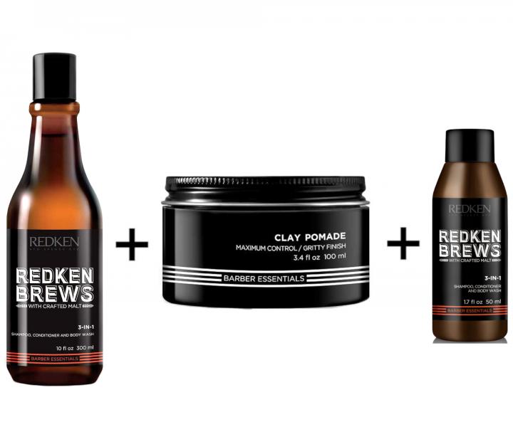 Pánská sada Redken Brews - čistící šampon 3v1 + matující hlína + čistící šampon 3v1 zdarma