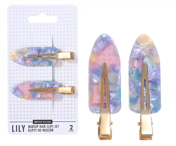 Spony do vlas� s podlo�kami Sister Young Lily Makeup Hair Clips Set - 6 cm, 2 ks - r��ovo-modr�