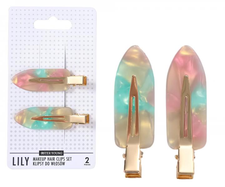 Spony do vlas� s podlo�kami Sister Young Lily Makeup Hair Clips Set - 6 cm, 2 ks - r��ovo-zelen�