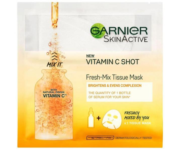 Rozjasňující textilní maska Garnier Fresh-mix Vitamin C Shot - 1 ks + 30 ml