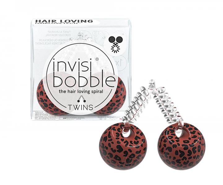 Tenká spirálová gumička do vlasů s kuličkami Invisibobble Twins Purrfection - vzorovaná hnědá