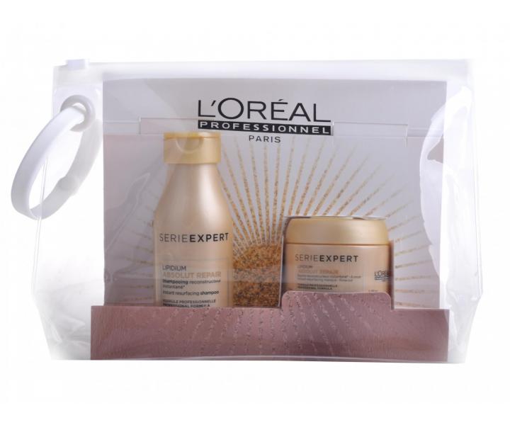Cestovní sada pro poškozené vlasy Loréal Absolut Repair Lipidium + kosmetická taštička Loréal zdarma